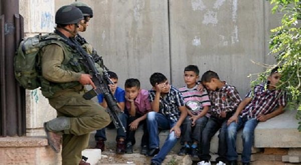Israeli soldiers hold Palestinian children under arrest in the West Bank city of Hebron in August 2011. Photograph: Abed Al Hashlamoun/EPA
