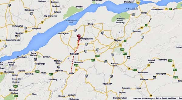 Red dots on the map show the distance between Nagabanda, Morigaon and Nellie. Courtesy Google maps