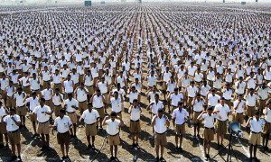 Members of Rashtriya Swayamsevak Sangh take part in the daily morning drill. 