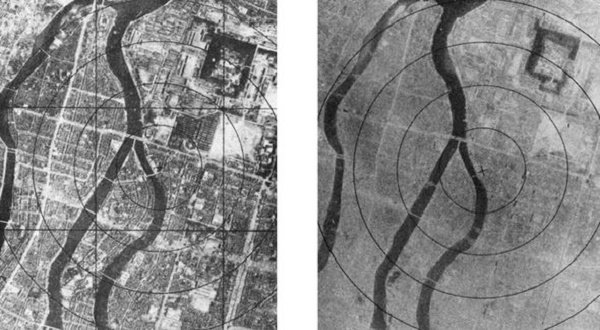 US Military photographs show the moments before and after the first nuclear bomb struck the Japanese city of Hiroshima. Credit:  US Military   