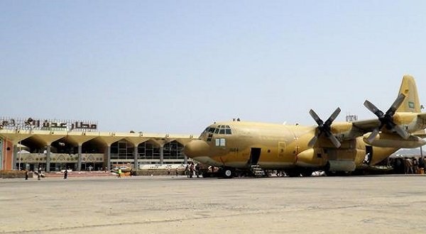 A Saudi military cargo plane is seen at the international airport of Yemen's southern port city of Aden on Wednesday, bringing freshly trained reinforcements and weapons for forces loyal to President Abed Rabbo Mansour Hadi who are fighting Houthi rebels. Reuters