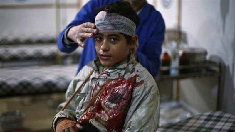 Witnesses on the ground said Syrian government and Russian attacks began early Sunday morning [Mohammed Badra/EPA]