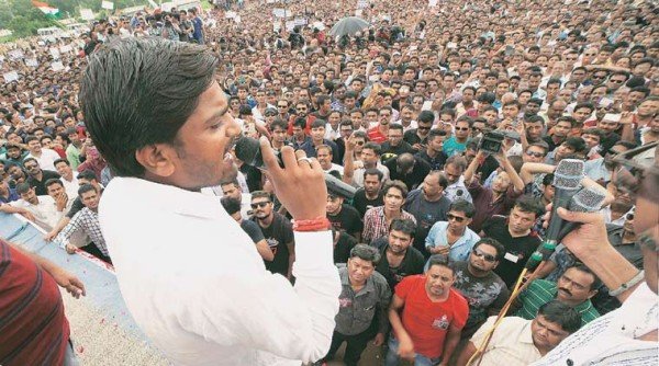 Patidar leader Hardik Patel addressing a gathering in Vadodara. Image credit: Indian Express