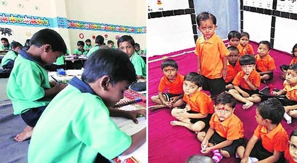 Hindu and Muslim students in Ahmedabad's schools have been made to wear saffron and green uniforms. The process of communalization worsened after the 2002 Gujarat carnage, and this one is surely its most blatant, extreme expression. —Image courtesy Indian Express