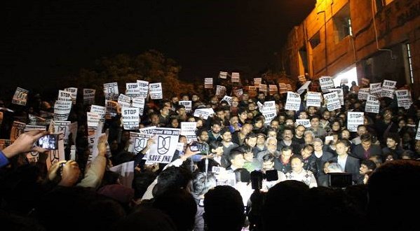 Students, Professors and Staff of JNU Stand Together in Protest on February 12, 2016 against the Police Action and the ABVP campaign against the university.  