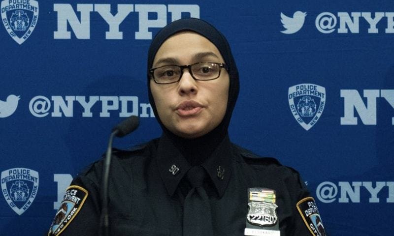 Officer Aml Elsokary, a New York City native who joined the force after the September 11 attacks, said she was off duty in her Brooklyn neighbourhood Saturday when she encountered a man yelling and pushing her 16-year-old son.