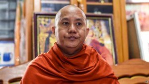 In this Nov. 12, 2016 photo, Ashin Wirathu, a high-profile leader of the Myanmar Buddhist organization known as Ma Ba Tha is interviewed at his monastery in Mandalay, Myanmar. Shunned by Myanmar’s new government and its Buddhist hierarchy, the nationalist monk blamed for whipping up at times bloody anti-Muslim fervor said he feels vindicated by U.S. voters who elected Donald Trump to be president. (AP Photo/Aung Naing Soe)