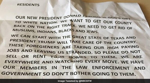 The flyer was reportedly left at the house of a South Asian family in Fort Bend district in Houston.