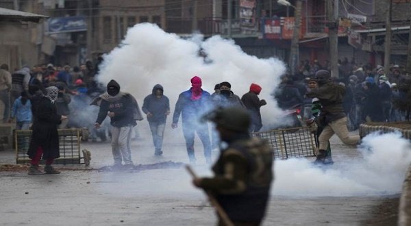 Security personnel in armored vehicles petrolling the streets of Downtown area of Jamia Masjid during restrictions and strike following the death of three civilian allegedly firing by security forces during a protest at Handwara in Kupwara district of north Kashmir, in Srinagar on Wednesday. (PTI)