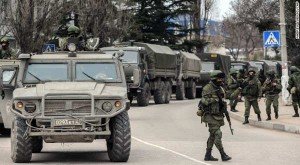Troops stand guard in Balaklava, Crimea, Ukraine on Saturday, March 1. AP photo