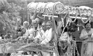 L. K Advani and Narendra Modi during his Rath Yatra in 1990