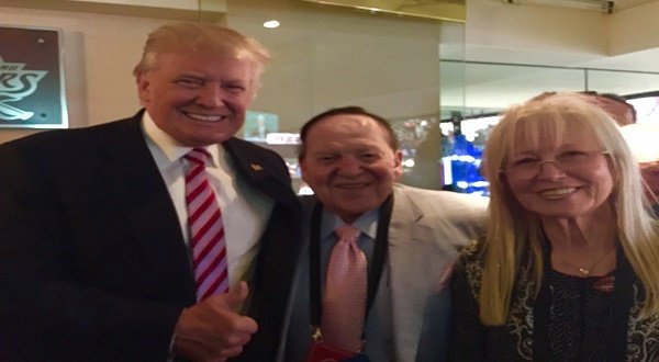Donald Trump with billionaire Jewish businessman Adelson and his wife Miriam. The billionaire contributed $10 million to Trump's poll campaign. 