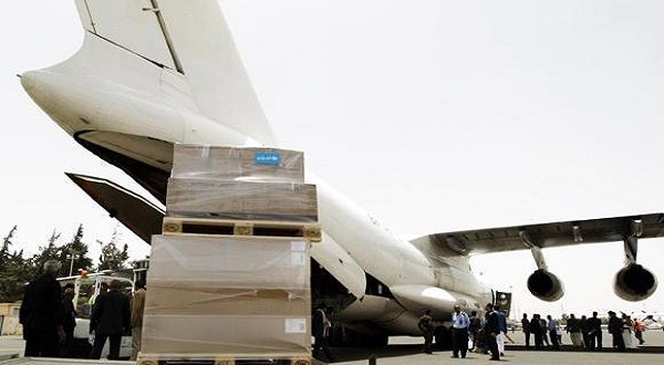 Emergency medical aid from UN is unloaded from a plane at the international airport in Sanaa on Friday. (AFP)