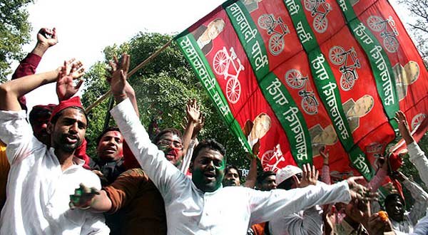 SP workers were seen celebrating near the party's headquarters in Lucknow. Photo Courtesy : Uttam Ghosh/Rediff.com