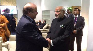 Indian Prime Minister Narendra Modi and Pakistani Prime Minister Nawaz Sharif shake hands before their meeting on the sidelines of the Paris Climate Summit. 