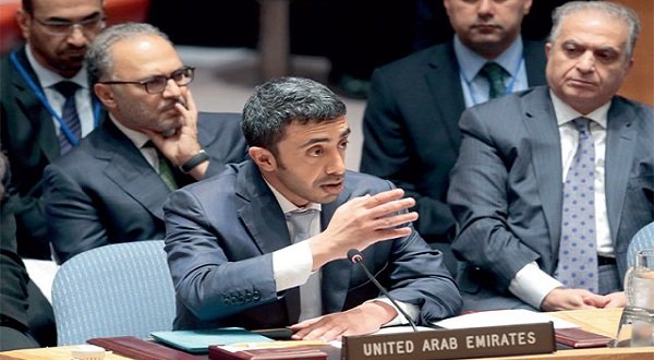 Shaikh Abdullah addresses the Security Council at the UN headquarters, New York. — Wam